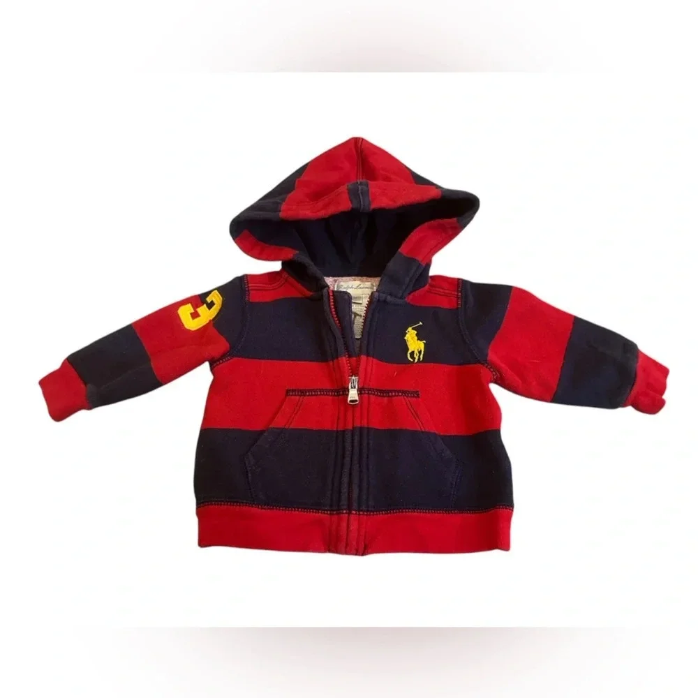 Ralph Lauren Baby Red Navy Stripe Zip Hoodie Big Pony Logo Preppy Size 3M